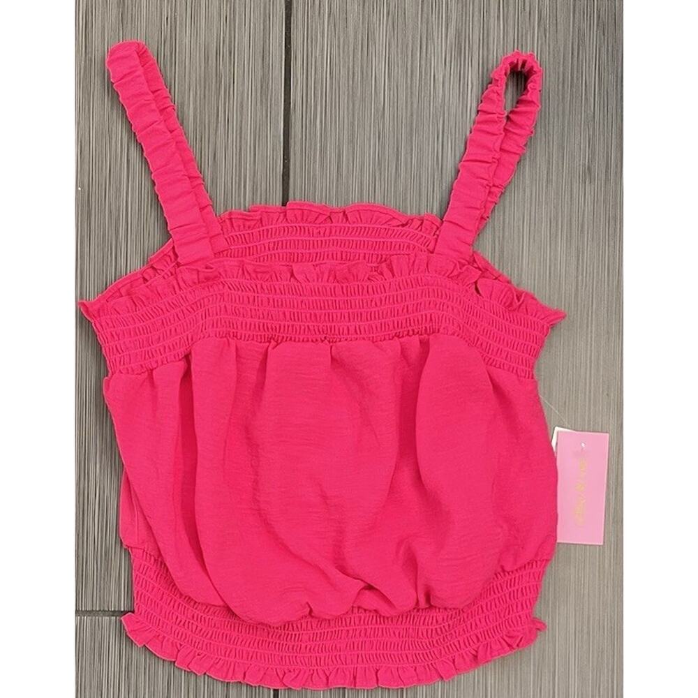 Riley & Rae Women's Cropped Smocked Tank Top Hot Pink Straight Neckline Small